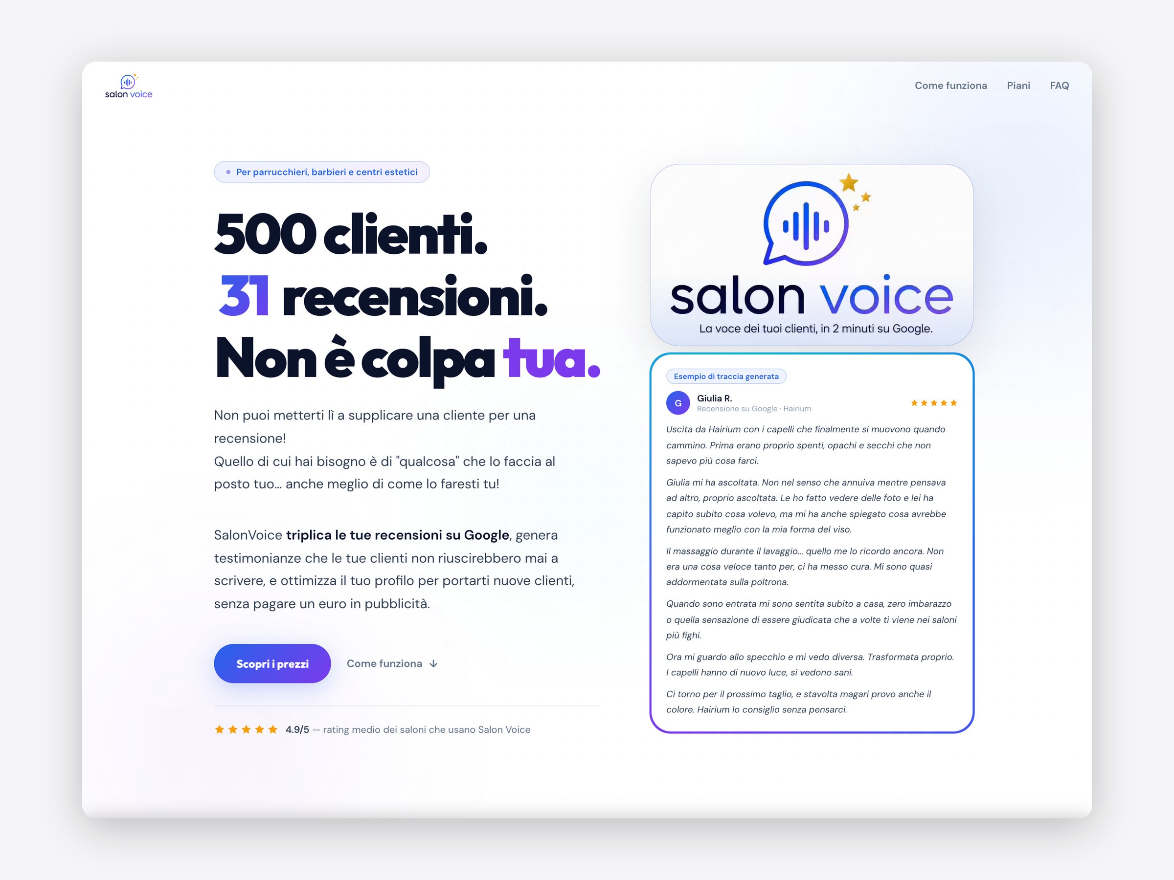 Salon Voice website with an example of a generated Google review